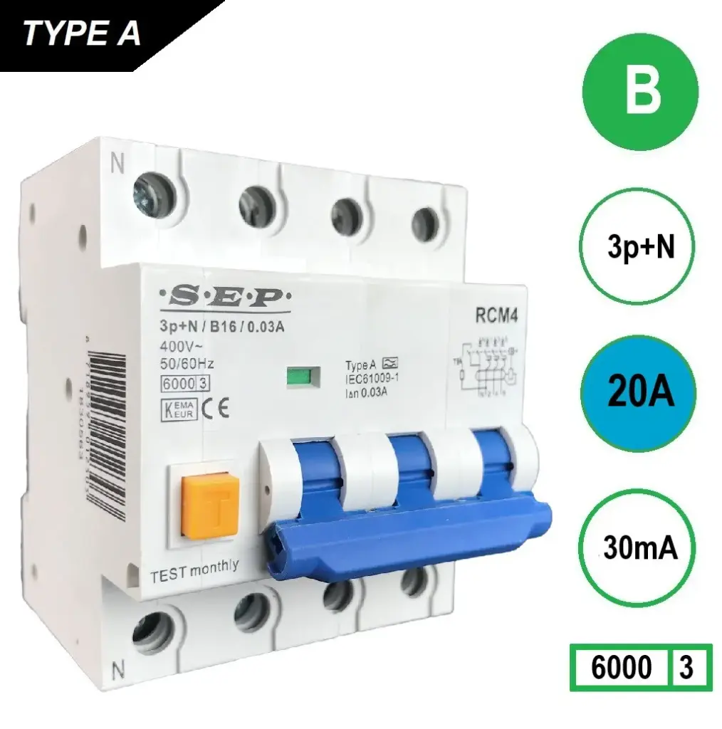 SEP Aardlekautomaat 3-fase, 3-polig+nul 20A B-kar 30mA